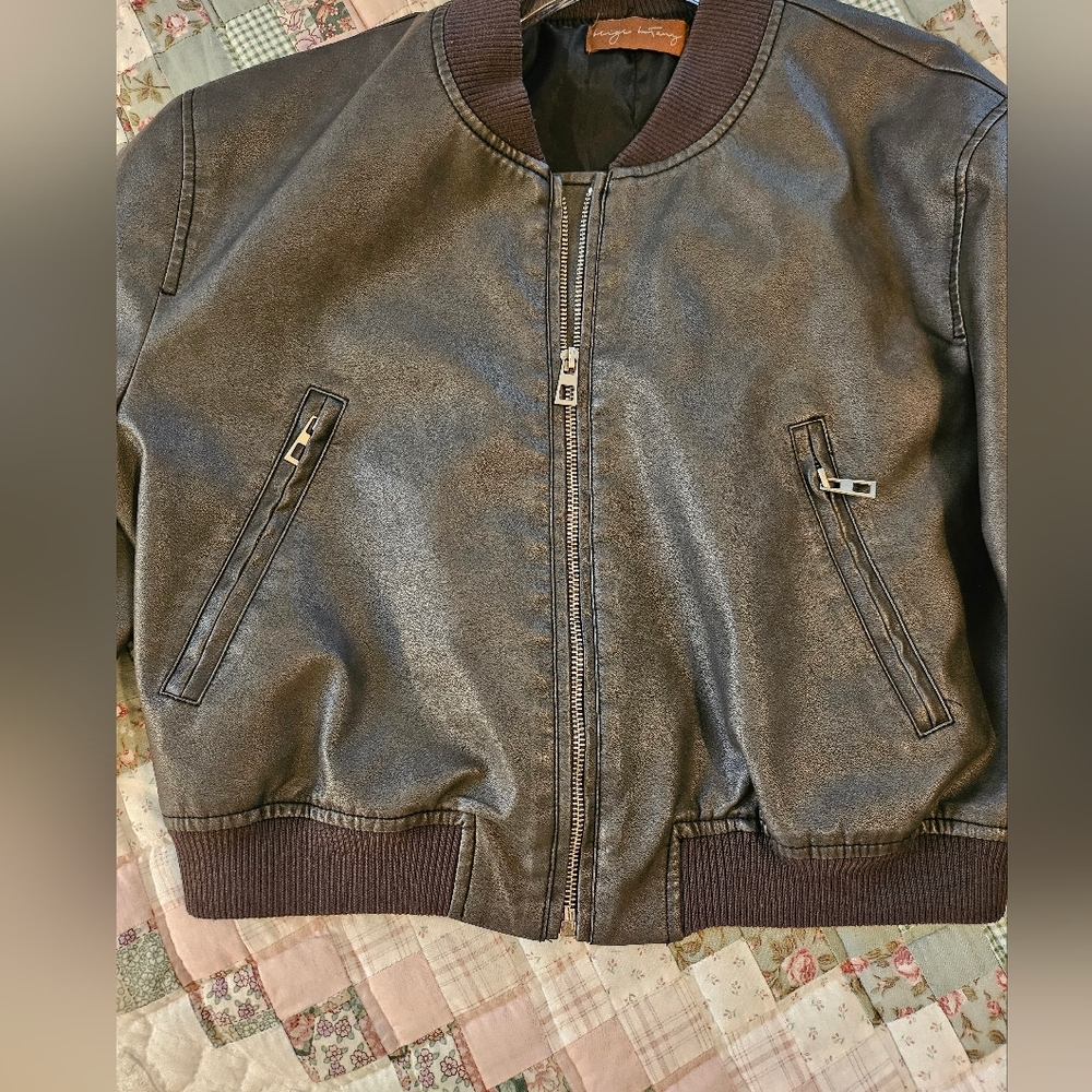 Beige Botany Faux Leather Cropped Bomber Jacket- Size S - Picture 3 of 10